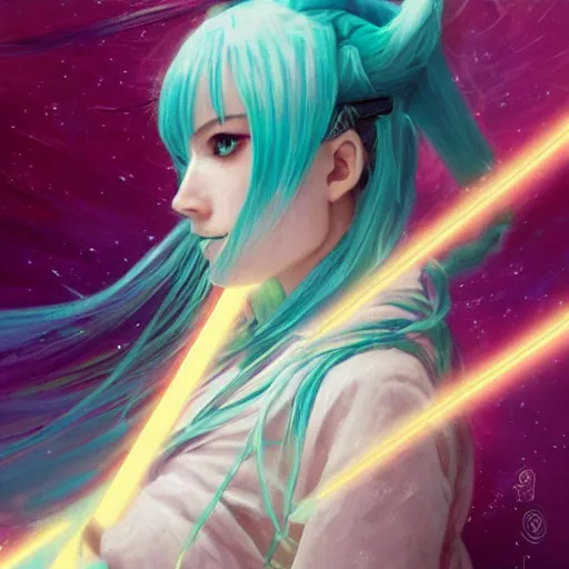 Prompt: a beautiful portrait of hatsune miku with teal colored hair with deep red highlights as a jedi, space fantasy, in the style of magic the gathering, intricate, elegant, highly detailed, digital painting, artstation, concept art, matte, sharp focus, illustration, art by greg rutkowski and alphonse mucha
