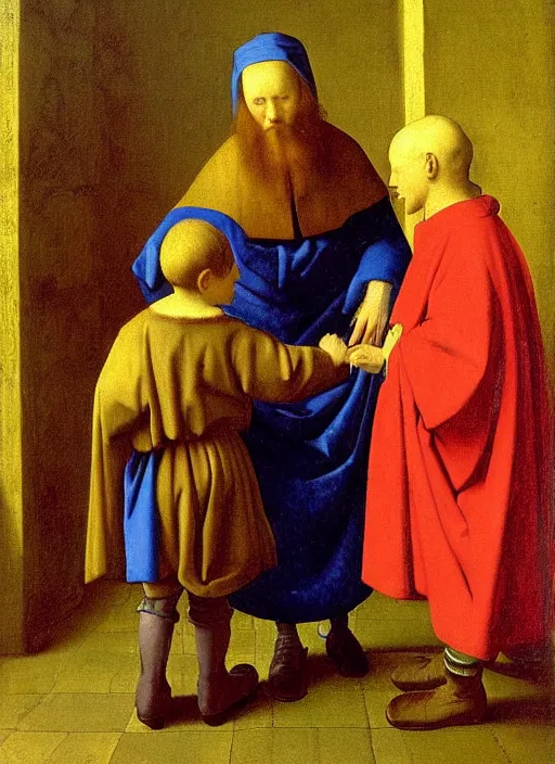 Image similar to Two little brothers meet a young man, medieval painting by Jan van Eyck, Johannes Vermeer, Florence