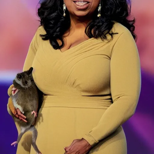 Prompt: oprah staring the camera seriously whilst holding up a mouse