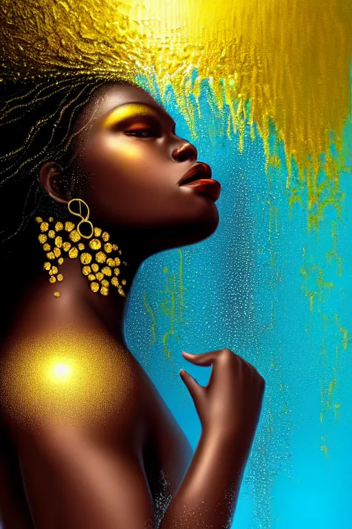 Image similar to hyperrealistic precisionist cinematic profile very beautiful! black oshun goddess, dancing in water!, mirror dripping droplet!, gold flowers, highly detailed face, digital art masterpiece, smooth eric zener cam de leon, dramatic pearlescent turquoise light on one side, low angle uhd 8 k, shallow depth of field