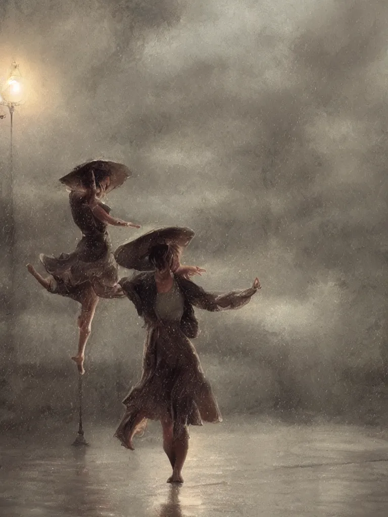 Image similar to dancing in the heavy rain, by disney concept artists, blunt borders, rule of thirds, beautiful light