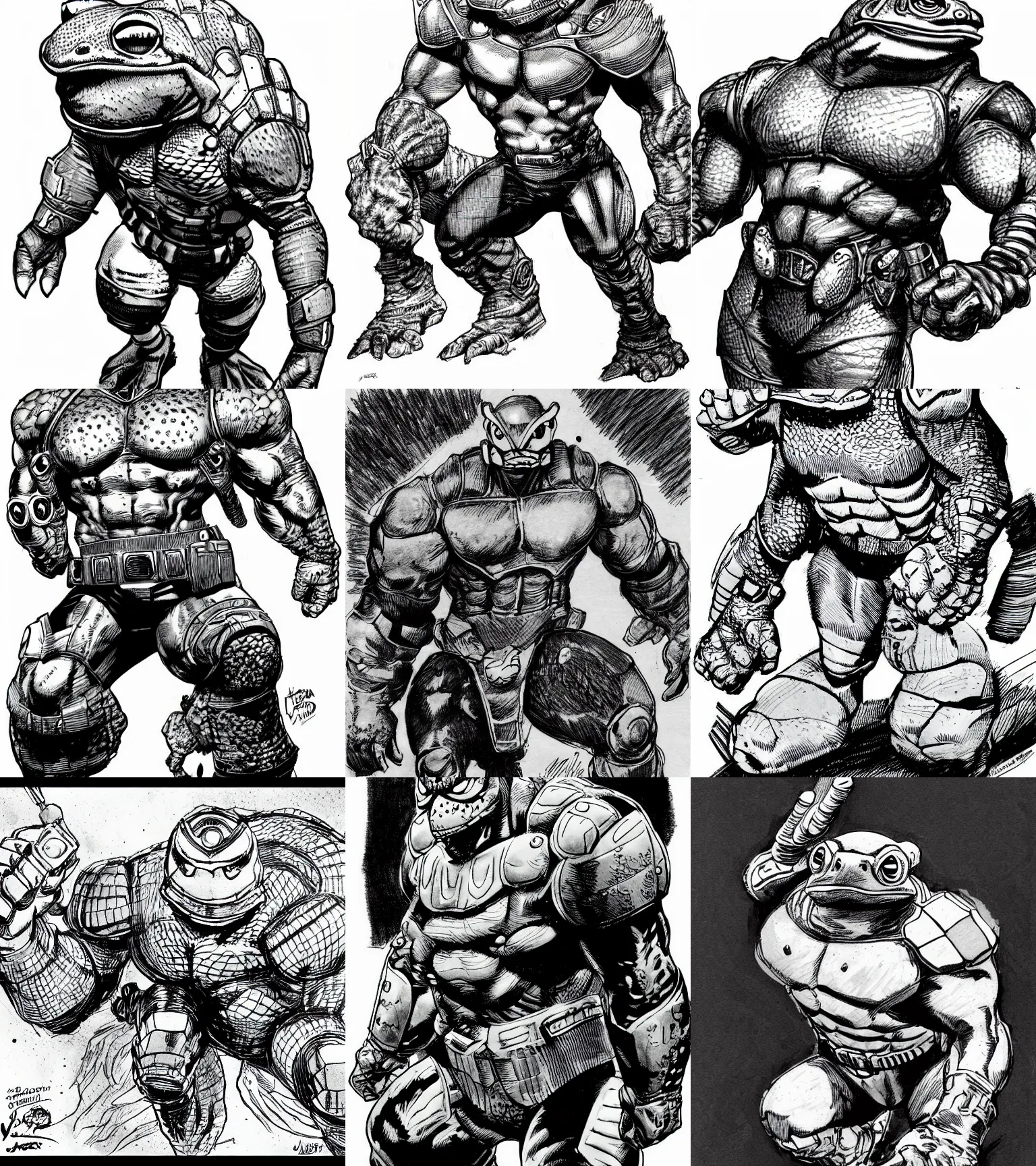 Image similar to toad animal!!! jim lee!!! medium shot!! flat grayscale ink sketch by jim lee close up in the style of jim lee, cyborg! armored hunter hulk toad animal looks at the camera by jim lee