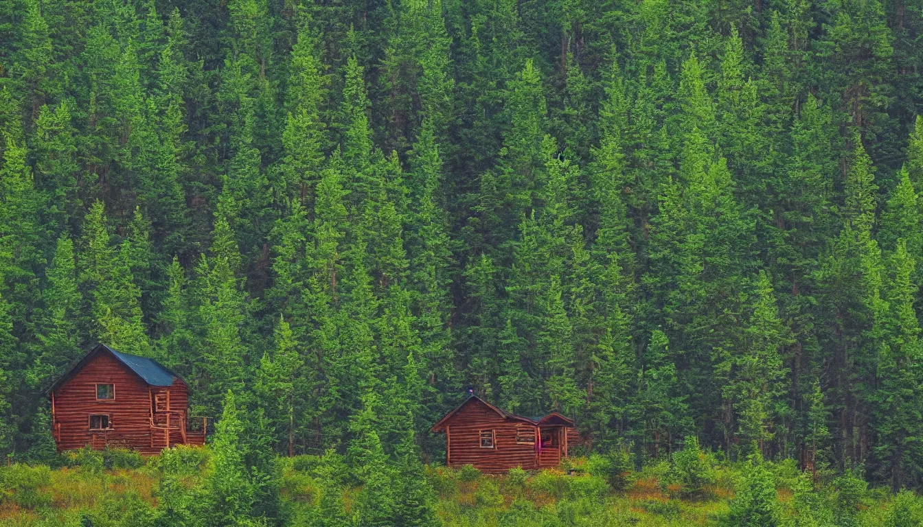 Prompt: a clearing in a forest with a cabin painted by Bob Ross