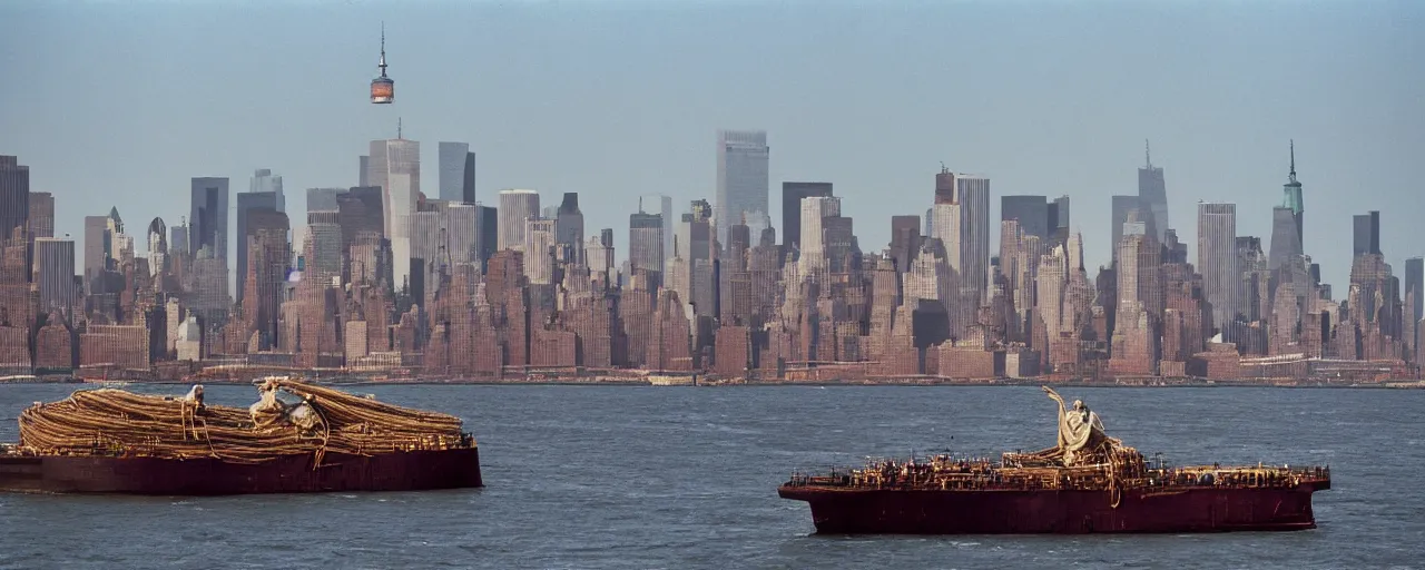 Image similar to a ship transporting spaghetti in new york's hudson river, the statute of liberty in the background, canon 8 0 mm, photography, film, kodachrome