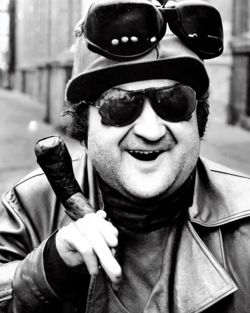 Image similar to headshot of a crazed john belushi smoking a cigar, he is wearing a leather bomber cap on his head, he has on aviator goggles, he is also wearing an a 2 flight jacket, a long white wool scarf is wrapped around his neck, he has a 5 o'clock shadow