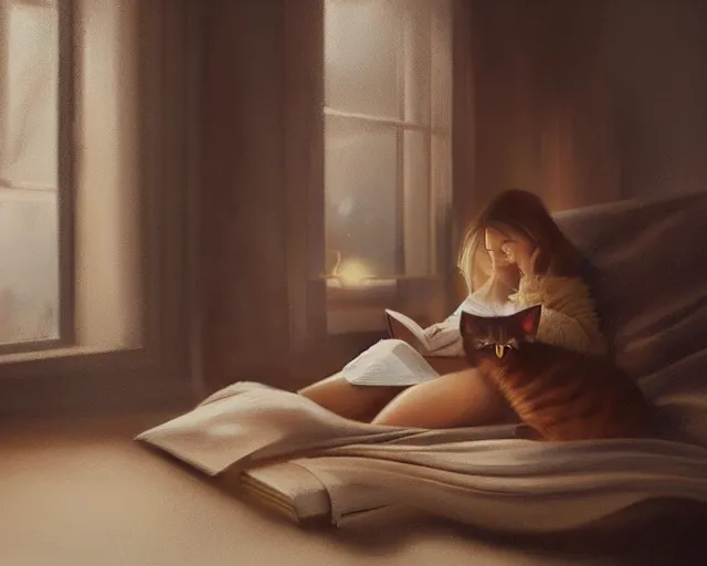 Image similar to a realistic beautiful warm matte painting of a woman curled up with a blanket reading a good book next to her friendly cat who is purring with eyes closed. they are both sitting next to a window as the sun sets in winter, by ross tran, trending on artstation