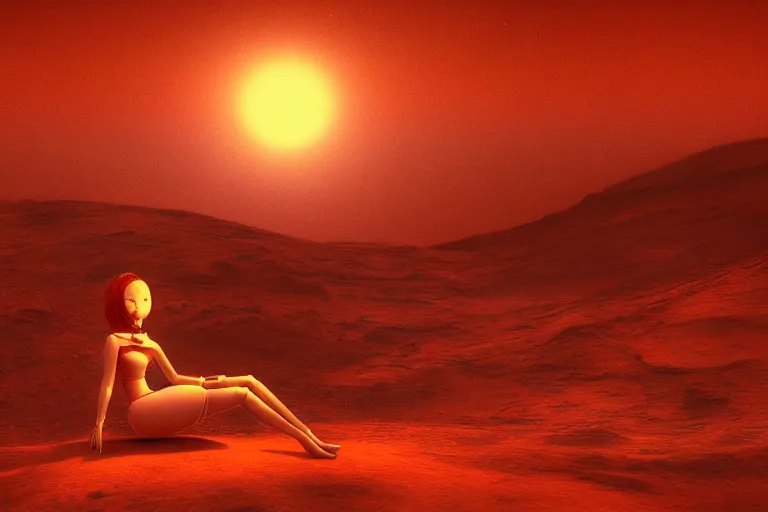 Prompt: a beautiful girl robot sitting on mars relaxing, red lighting, mist, digital art,