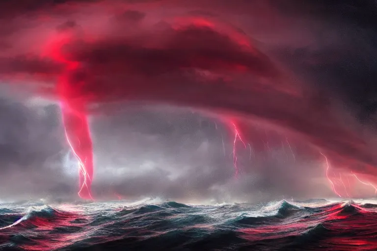 Prompt: monstrous tornado over stormy seas, night, backlit, red sprites, hyperdetailed, cgsociety, artstation