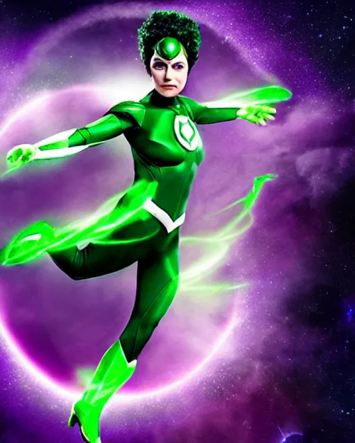 Image similar to photos of beautiful actress Ella Purcell as the Green Lantern Soranik Natu, as she soars thru outer space. Photogenic, purple skin, short black pixie like hair, particle effects, photography, studio lighting, cinematic