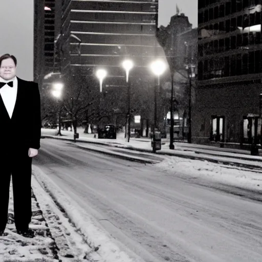 Image similar to 1 9 9 8 andy richter wearing a black suit and necktie standing on the streets of chicago at night in winter.