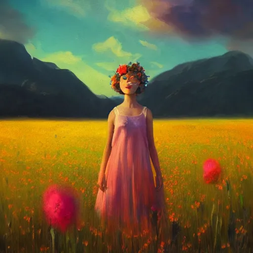 Image similar to girl with a flower face, surreal portrait, bizzare, dreamlike, standing in flower field, in a valley, sunrise dramatic light, impressionist painting, colorful clouds, artstation, simon stalenhag