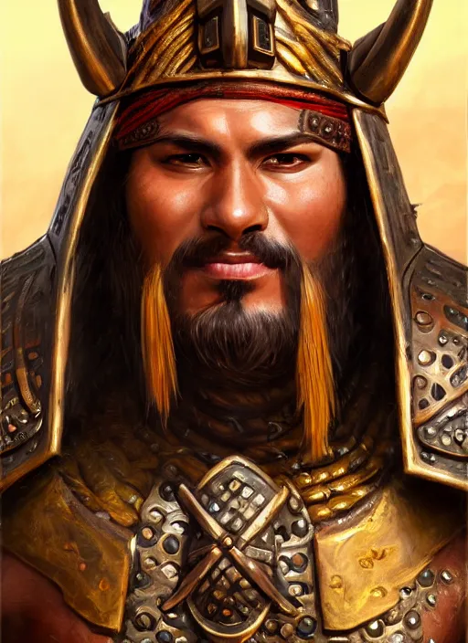 Image similar to smart tai warlord, closeup portrait, historical hero, ethnic group, tai costume, bronze headdress, intricate, with leather armor cross on bare chest, elegant, loin cloth, highly detailed, oil painting, artstation, concept art, matte, sharp focus, illustration, hearthstone, art by earl norem