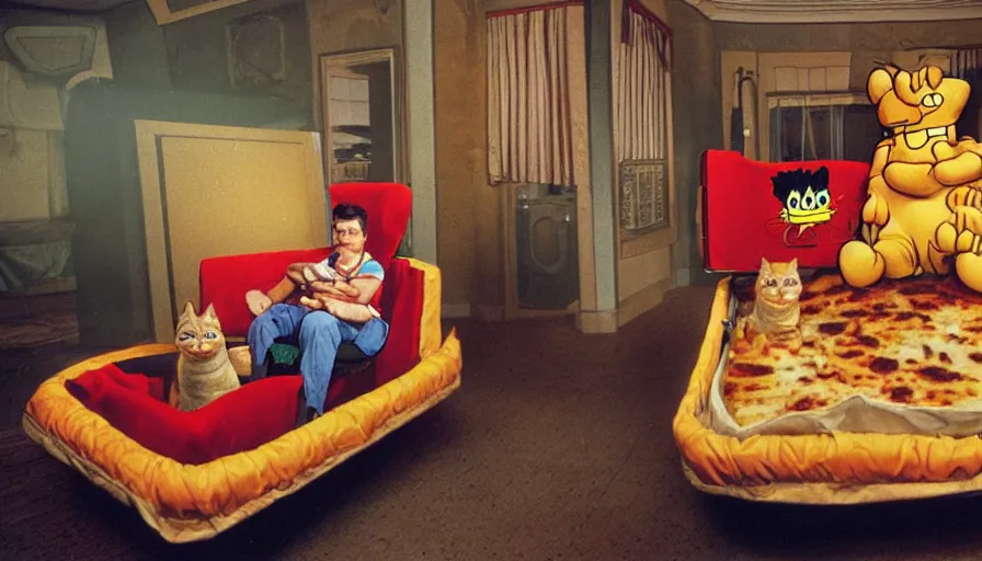 Image similar to 1990s photo of inside the Garfield Mystery Lasagna ride at Universal Studios in Orlando, Florida, riding a box with a blanket with Garfield the cat through a living room filled lasagna and coffee cups, cinematic, UHD