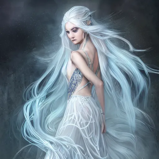 Image similar to an elven woman with long, silver hair cascading down her back. she has delicate, angular features and piercing blue eyes. she's clad in a flowing white dress with intricate silver embroidery, dynamic lighting, photorealistic fantasy concept art, trending on art station, stunning visuals, creative cinematic, ultra detailed