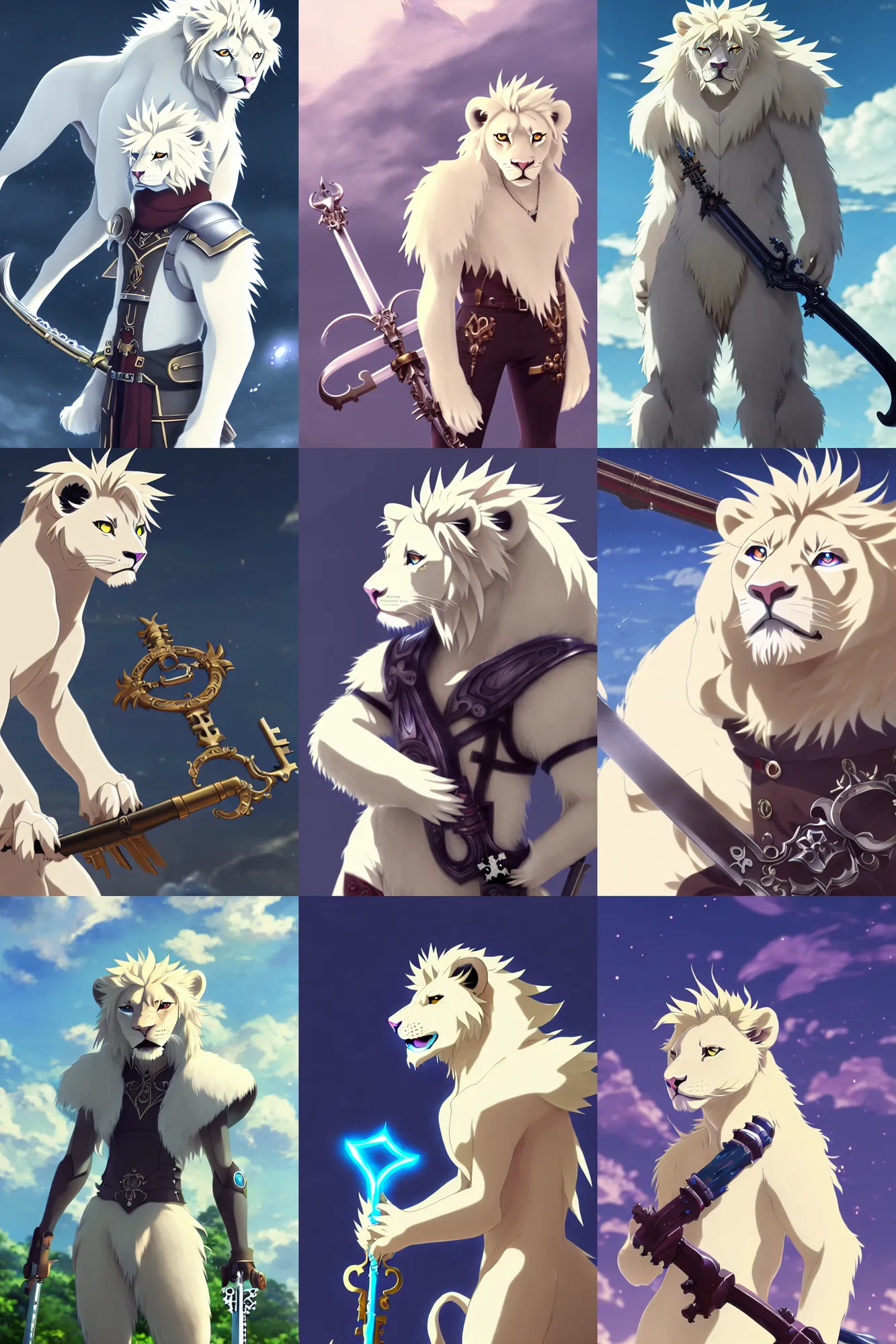 Prompt: albino lion with keyblade ( ( ( ( armor ) ) ) ), fursona, anthro, anime key visual, detailed armor, makoto shinkai, portrait