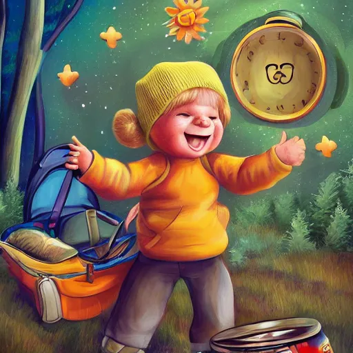 Prompt: full body shot of a ecstatic toddler, getting ready to go camping, outdoors, goldilocks, rich moody colors, kitch, swagger, bold, well rounded shapes, photorealistic, intricate digital art, trending in art station, artgem