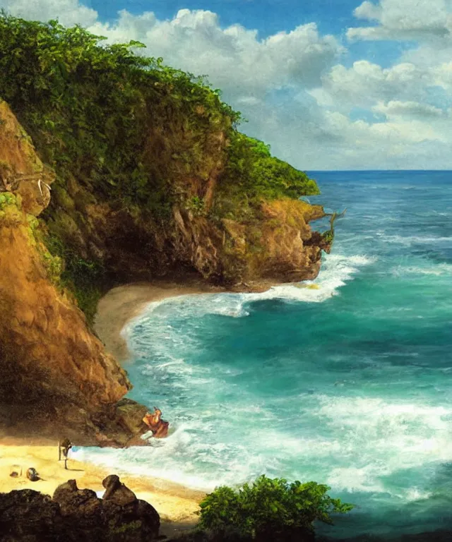 Image similar to photorealistic painting of turtle bay beach jamaica, sharp cliffs, island with cave, dark, atmospheric, brooding, smooth, finely detailed, cinematic, epic, in the style of clyde caldwell