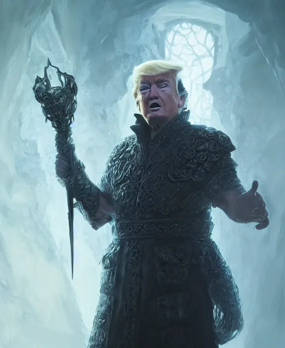 Prompt: photograph of donald trump as a necromancer from dungeons and dragons, fantasy art, symmetrical hyper detailed face and body, cinematic, hyperdetailed illustration by greg rutkowski, depth of field, global illumination