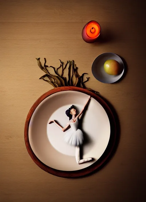 Image similar to a ballerina a wooden table, medieval concept art, cinematic lightning and colors, featured on cg society, photorealism, vray tracing, rendered in unreal engine, photorealistic, vegetables on table and candle, dark lightning, contrast shadows