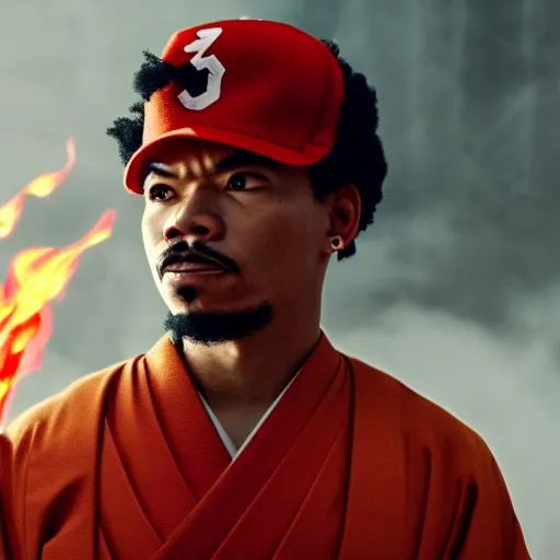 Image similar to cinematic film still of Chance The Rapper starring as a Samurai holding fire, Japanese CGI, VFX, 2022, 40mm lens, shallow depth of field, film photography