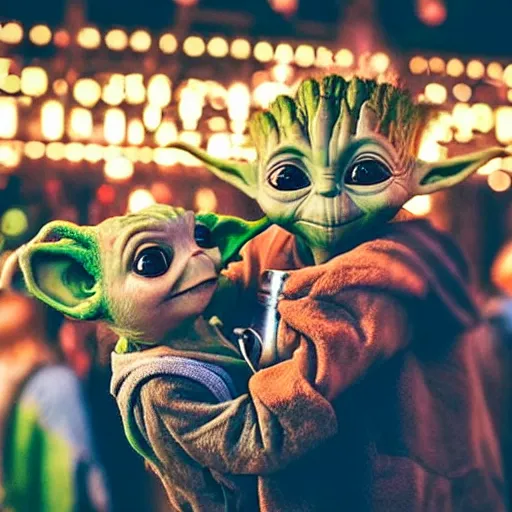 Image similar to “Baby yoda and Groot drinking beer at Oktoberfest , cinematic lighting”