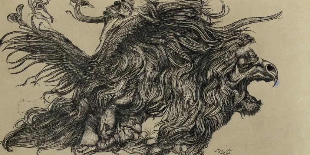 Image similar to human / eagle / lion / ox hybrid. horns, beak, mane, human body. drawn by da vinci