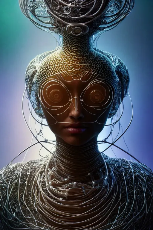 Image similar to a centered render of an alien bio - organic creature adorned with cables and synthesizer parts is surrounded by sacred geometry, full body, gorgeous face, perfect face, powerful, cinematic, beautifully lit, by artgerm, by karol bak, 3 d, trending on artstation, octane render, 8 k