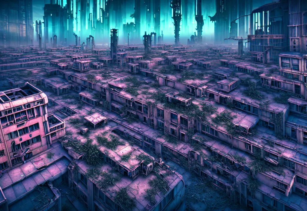 Image similar to A highly detailed crisp unreal engine render of aerial drone photo of A beautiful futuristic cyberpunk abandoned city building with neon fine lights, plants allover , godray, sunlight breaking through clouds, clouds, debris on the ground, abandoned machines bright colors, isometric, nitid horizon, factory by wangchen-cg, 王琛,Neil blevins, artstation, Gediminas Pranckevicius