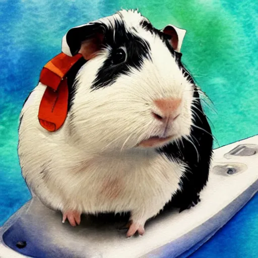 Prompt: a guinea pig posing next to a white kayak, water colour