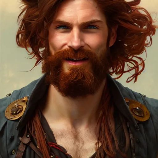 Prompt: portrait of a young ruggedly handsome but joyful pirate, male, masculine, upper body, red hair, long hair, d & d, fantasy, giddy smirk, intricate, elegant, highly detailed, digital painting, artstation, concept art, matte, sharp focus, illustration, art by artgerm and greg rutkowski and alphonse mucha