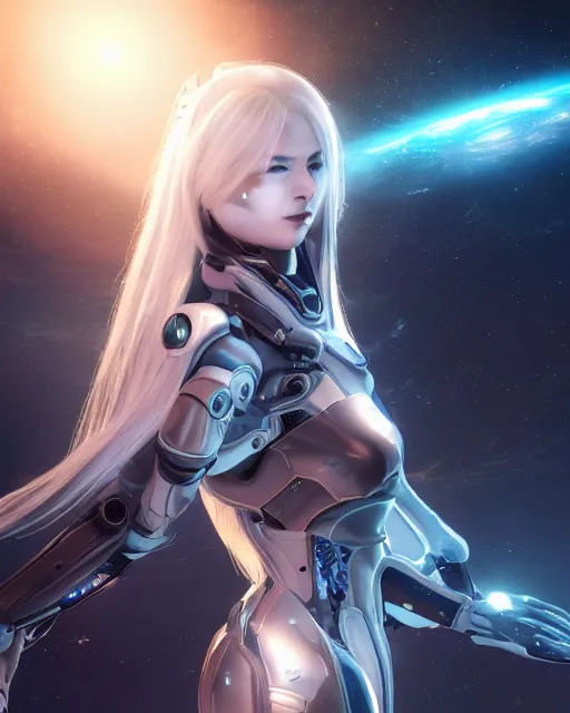 Prompt: photo of a android girl on a mothership, warframe armor, beautiful face, scifi, nebula, masterpiece, galaxy raytracing, dreamy, focused, sparks of light, attractive, long white hair, blue cyborg eyes, unique, 8 k high definition, insanely detailed, intricate, innocent, art by akihiko yoshida, antilous chao, woo kim