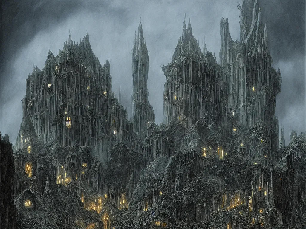 Prompt: the city of minas morgul, gloomy palace, agressive architecture, dead vegitation, atmosphere, spectacular details, dramatic lighting, epic composition, wide angle, low angle, by john howe, by alan lee, lord of the rings