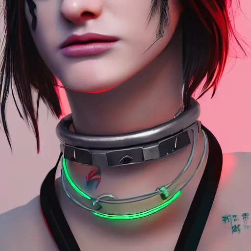 Image similar to detailed realistic female character cyberpunk wearing thick steel collar around neck, realistic, art, beautiful, 4K, collar, choker, collar around neck, punk, artstation, detailed, female, woman, choker, cyberpunk, neon, punk, collar, choker, collar around neck, thick collar, choker around neck, wearing choker, wearing collar, face, detailed face, neon makeup,