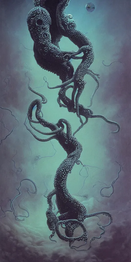 Image similar to eldritch astronaut with tentacle arms, by zdzisław beksinski, dynamic composition, dramatic lighting, hyper - realistic, ultra detailed, 8 k