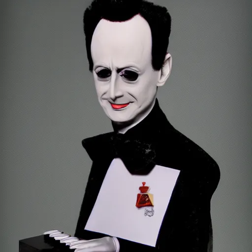 Prompt: A portrait of Klaus Nomi as a hand-puppet, photograph, award winning, diffuse lighting