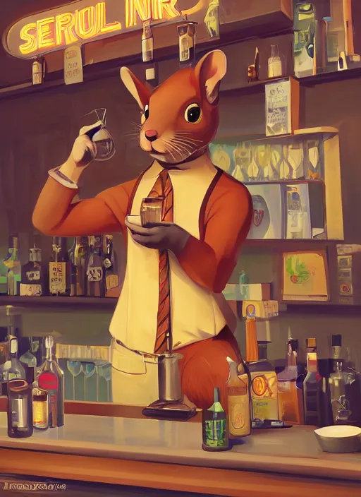 Image similar to squirrel anthro as a dapper bartender with a big fluffy tail, retro futurism, art deco, detailed painterly digital art by WLOP and Cory Loftis, 🐿🍸🍋, furaffinity, trending on artstation