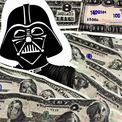 Image similar to Darth counting stacks of Money