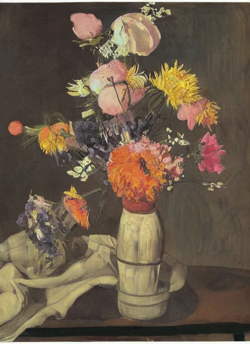 Image similar to a surreal painting of a breakfast still life, vase of flowers, by George Baselitz, symbolist, soft colors, dramatic lighting, smooth, sharp focus, extremely detailed, textured, aesthetically pleasing composition