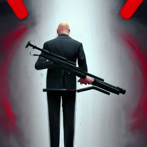 Image similar to a portrait of agent 4 7 from hitman choosing a weapon from a wall full of guns, dark background, red rim light, highly detailed, digital art, artstation, concept art by giger stalenhag