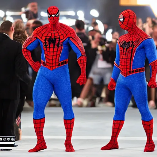 Image similar to dwayne johnson smackdown entrances wearing spiderman costumes, camera angle