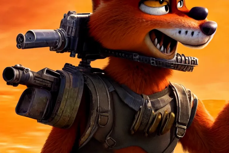 Image similar to nick wilde, heavily armed and armored facing down armageddon in a dark and gritty reboot from the makers of mad max : fury road : witness me