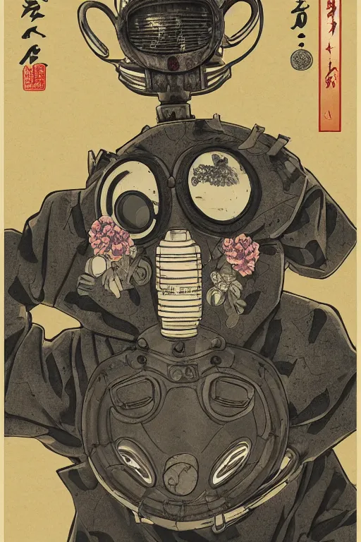 Prompt: Gas mask in Ukiyo-e style, haunting + insanely detailed and intricate, movie poster style, Trending on artstation, artstationHD, artstationHQ, 4k, 8k