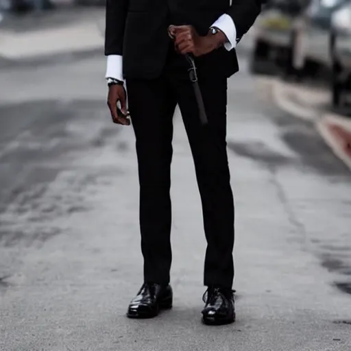 Image similar to a demon boss, short, bowlegged, dark skin, crosseyed, short black hair with a streak of white, black pants, white dress shirt, black covid mask