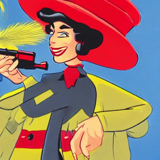 Image similar to carmen sandiego shooting a mace gun, high - res, art by dr. seuss