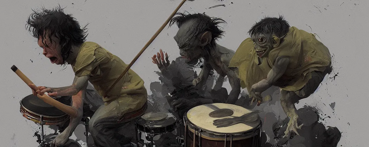 Image similar to duotone olive illustration 3 / 4 portrait of gollum playing drums on stage composition accidental renaissance golden ratio. by sachin teng and sergey kolesov and ruan jia and heng z. graffiti art, scifi, fantasy, hyper detailed. octane render. concept art. trending on artstation