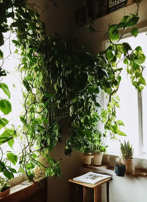 Image similar to a photo of a cosy warm room, warm light, houseplants, vines