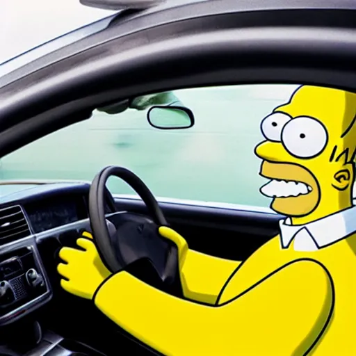 Prompt: Photo of excited real-life Homer Simpson sitting in the driver seat of a LADA VAZ-1111