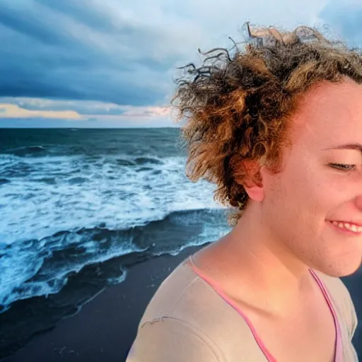 Prompt: young adult's head evaporizing, standing sideways in front of a rough sea, trippy sky