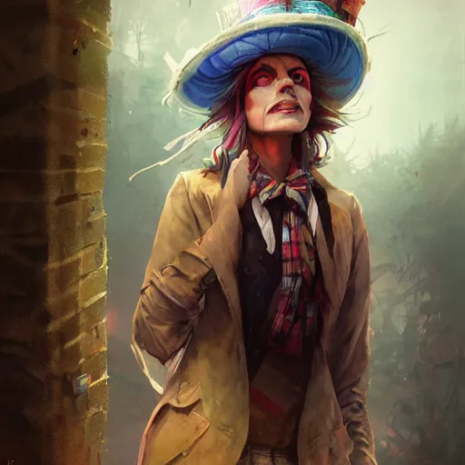 Image similar to realistic, full body portrait, attractive homeless female mad hatter, by Jordan Grimmer and greg rutkowski, crisp lines and color,