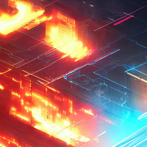 Image similar to raging flames in cyberspace, detailed digital illustration by greg rutkowski, android netrunner